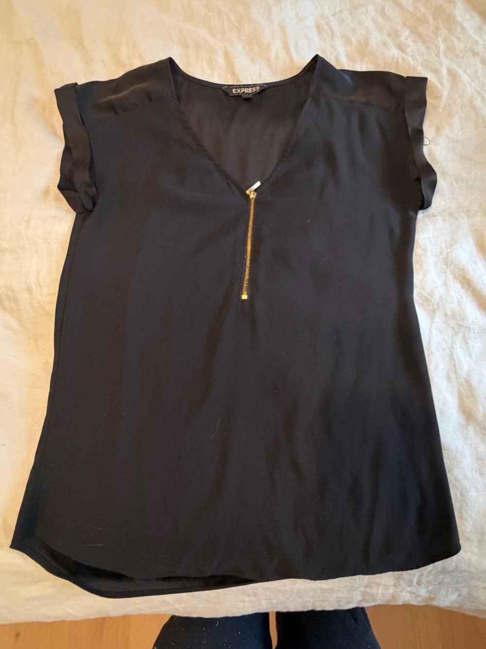 Express black short sleeve front zip blouse